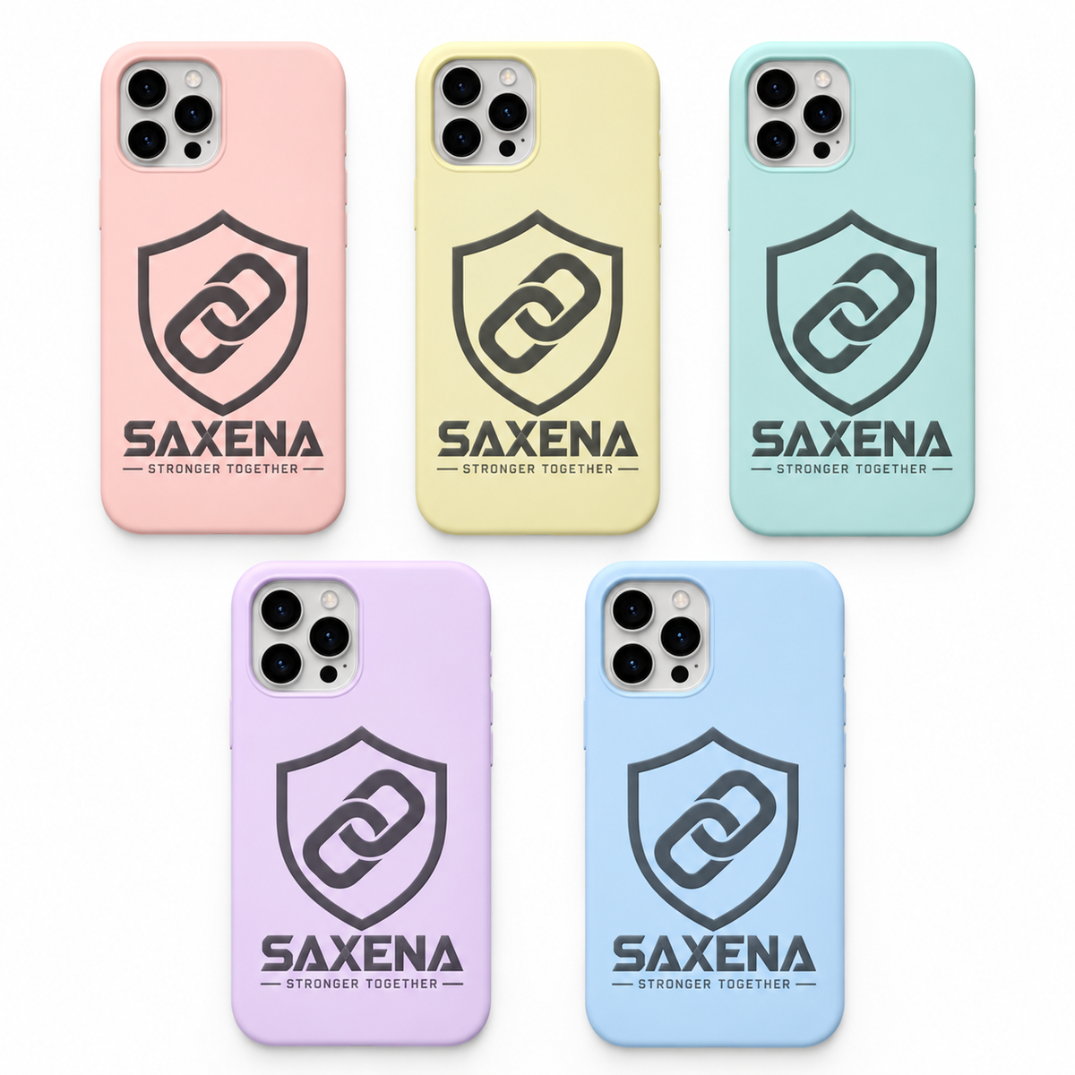 Saxena Stronger Together iPhone Cover – engraved surname silicone case shown in five pastel colours