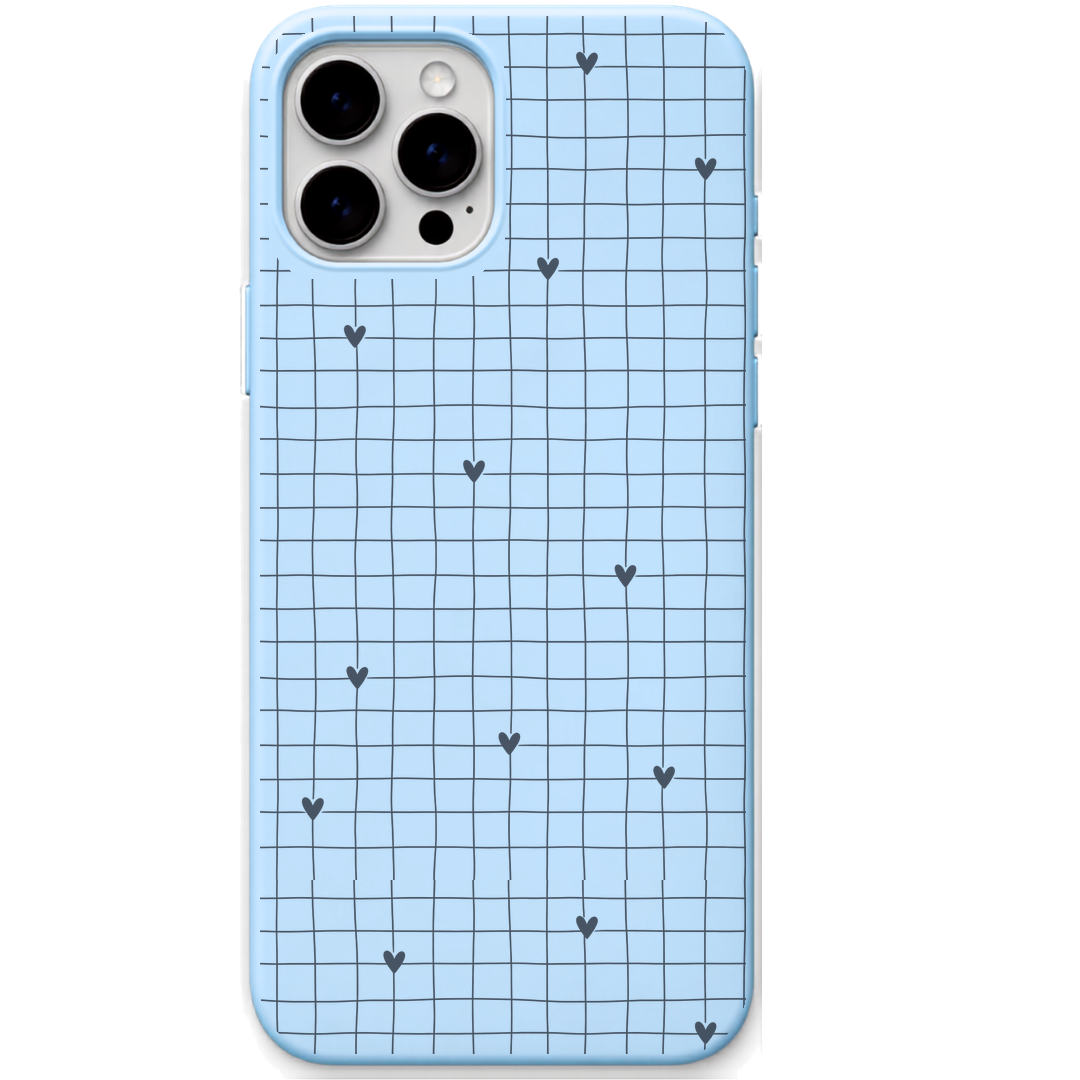 Handdrawn Heart Grid engraved silicone phone cover in Sky Blue