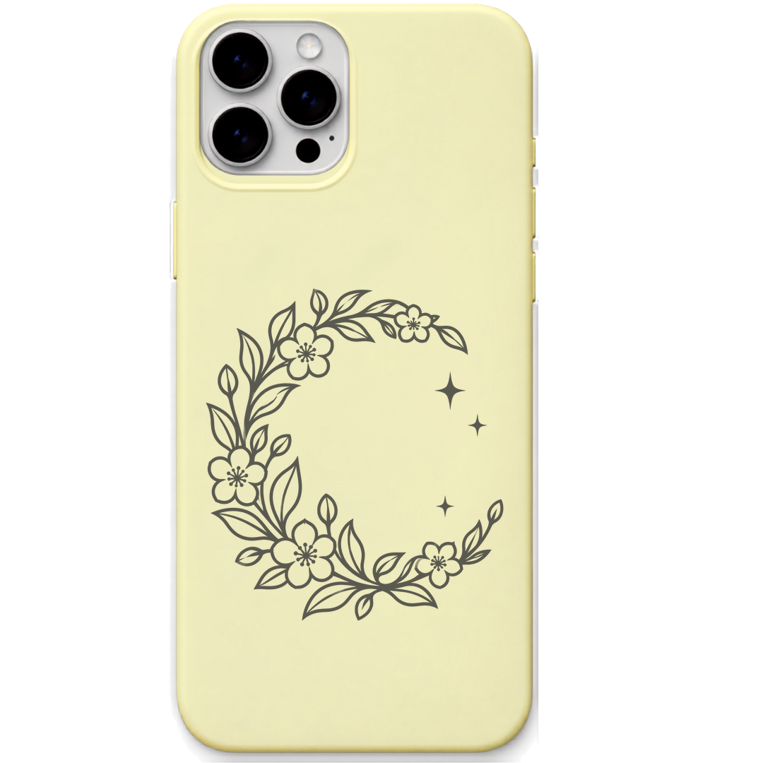 Moonlit Botanicals botanical crescent moon engraved pastel silicone phone cover in Lemon Yellow