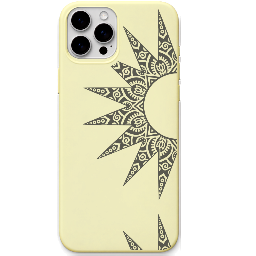 Mandala Sunburst engraved silicone phone cover in Lemon Yellow