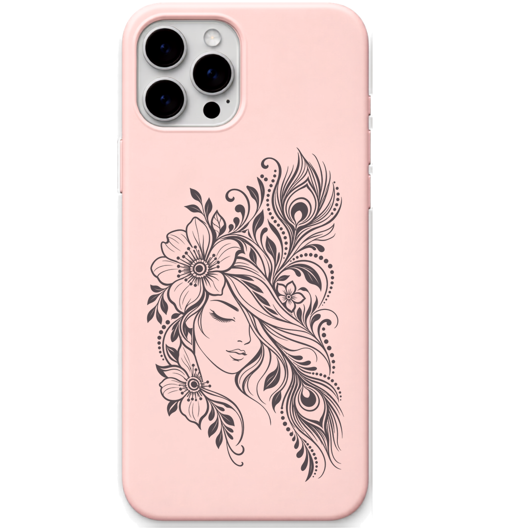 Floral Muse floral woman line art engraved pastel silicone phone cover in Blush Pink