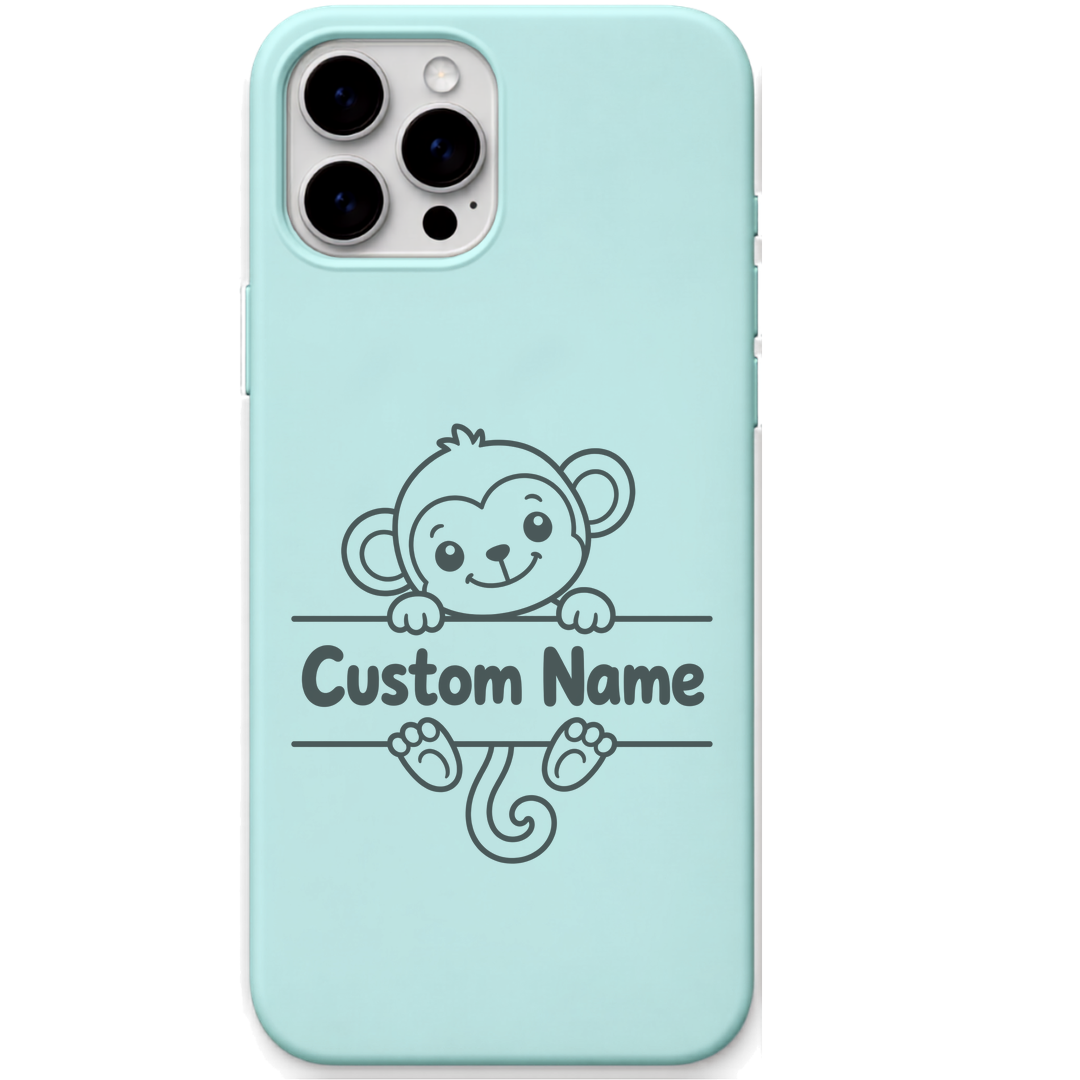 Cheeky Monkey baby monkey custom name engraved pastel silicone phone cover in Mint Green