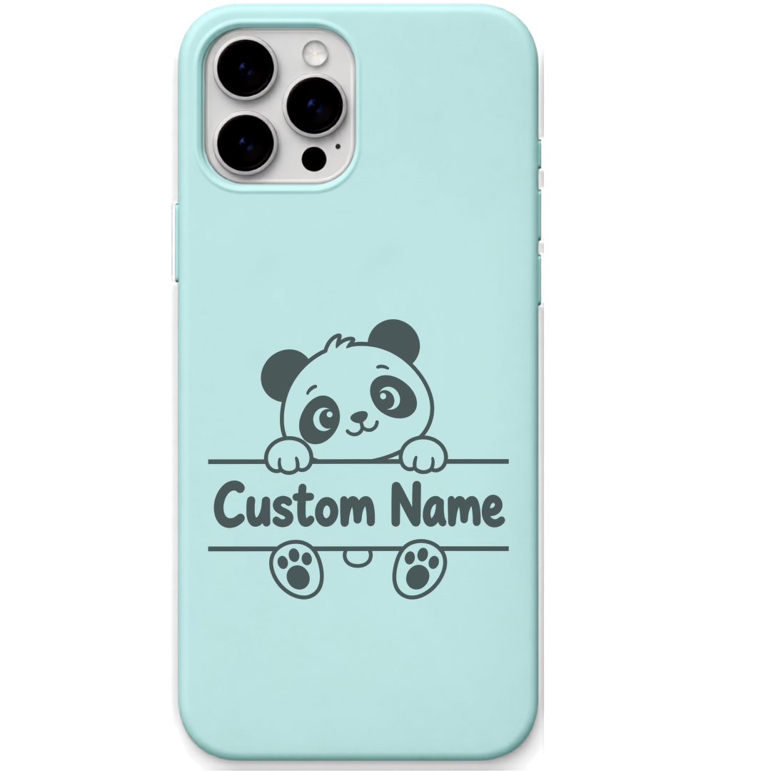 Panda Hug baby panda custom name engraved pastel silicone phone cover in Mint Green