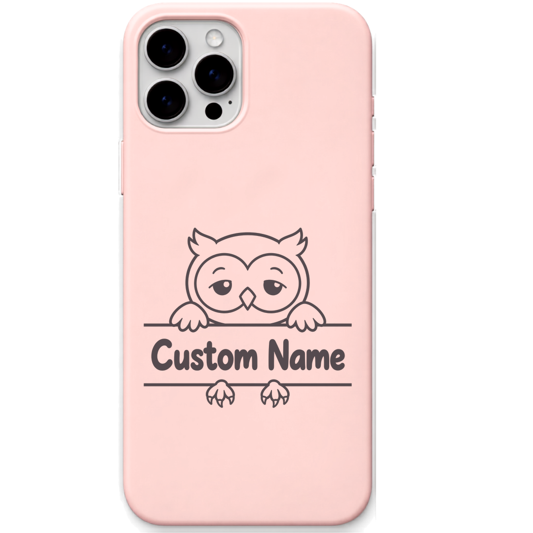 Sleepy Little Owl baby owl custom name engraved pastel silicone phone cover in Blush Pink