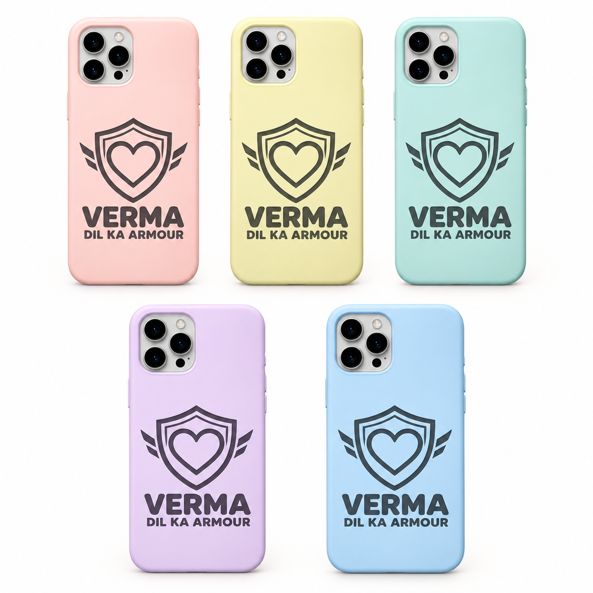 Verma Dil Ka Armour iPhone Cover – engraved surname silicone case shown in five pastel colours