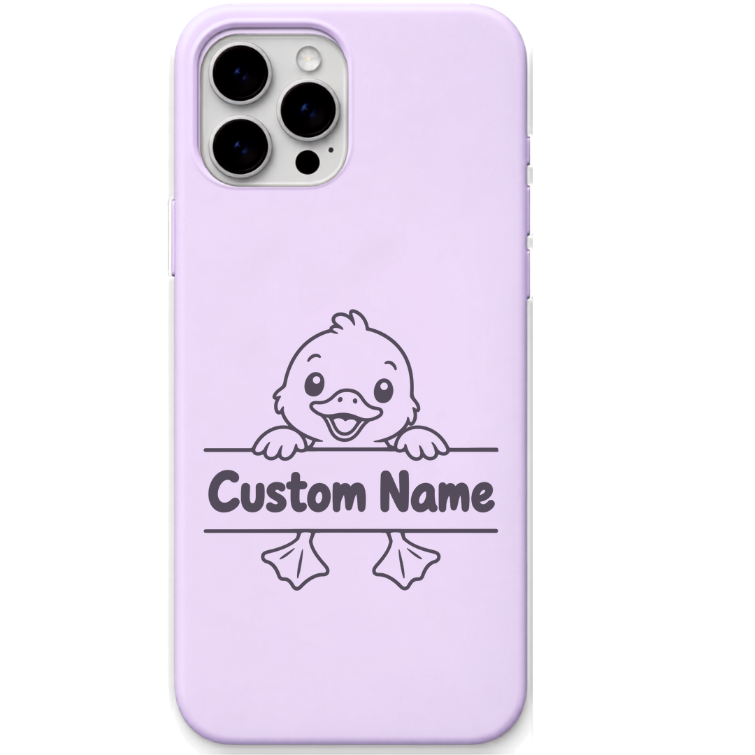 Happy Duckling baby duck custom name engraved pastel silicone phone cover in Lavender