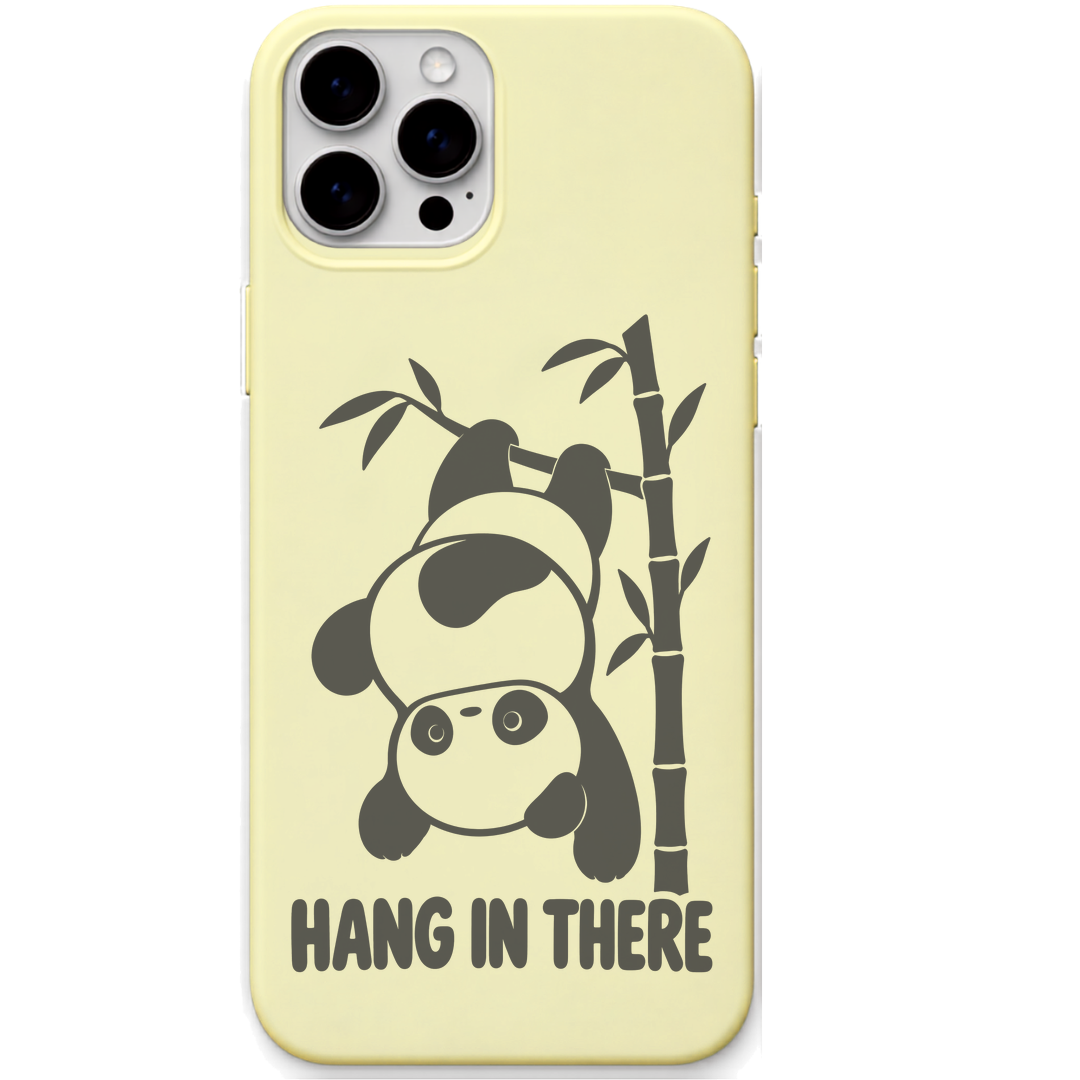 Hang in There Panda hanging panda bamboo art engraved pastel silicone phone cover in Lemon Yellow