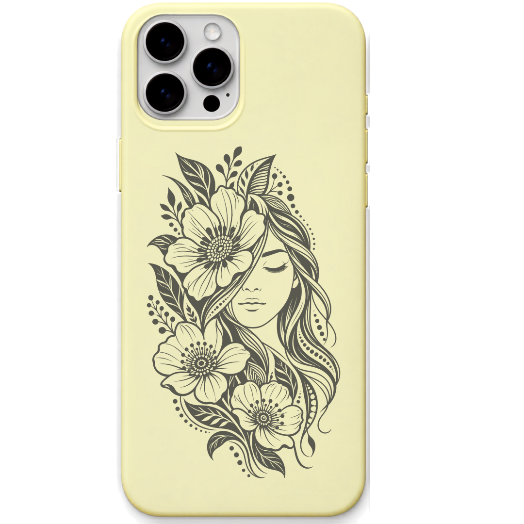 Wildflower Soul floral woman portrait engraved pastel silicone phone cover in Lemon Yellow