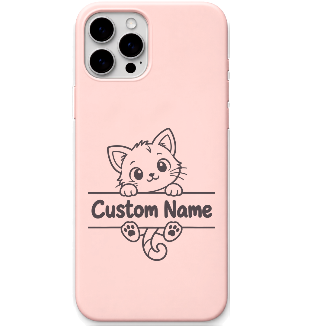 Curious Kitty baby kitten custom name engraved pastel silicone phone cover in Blush Pink