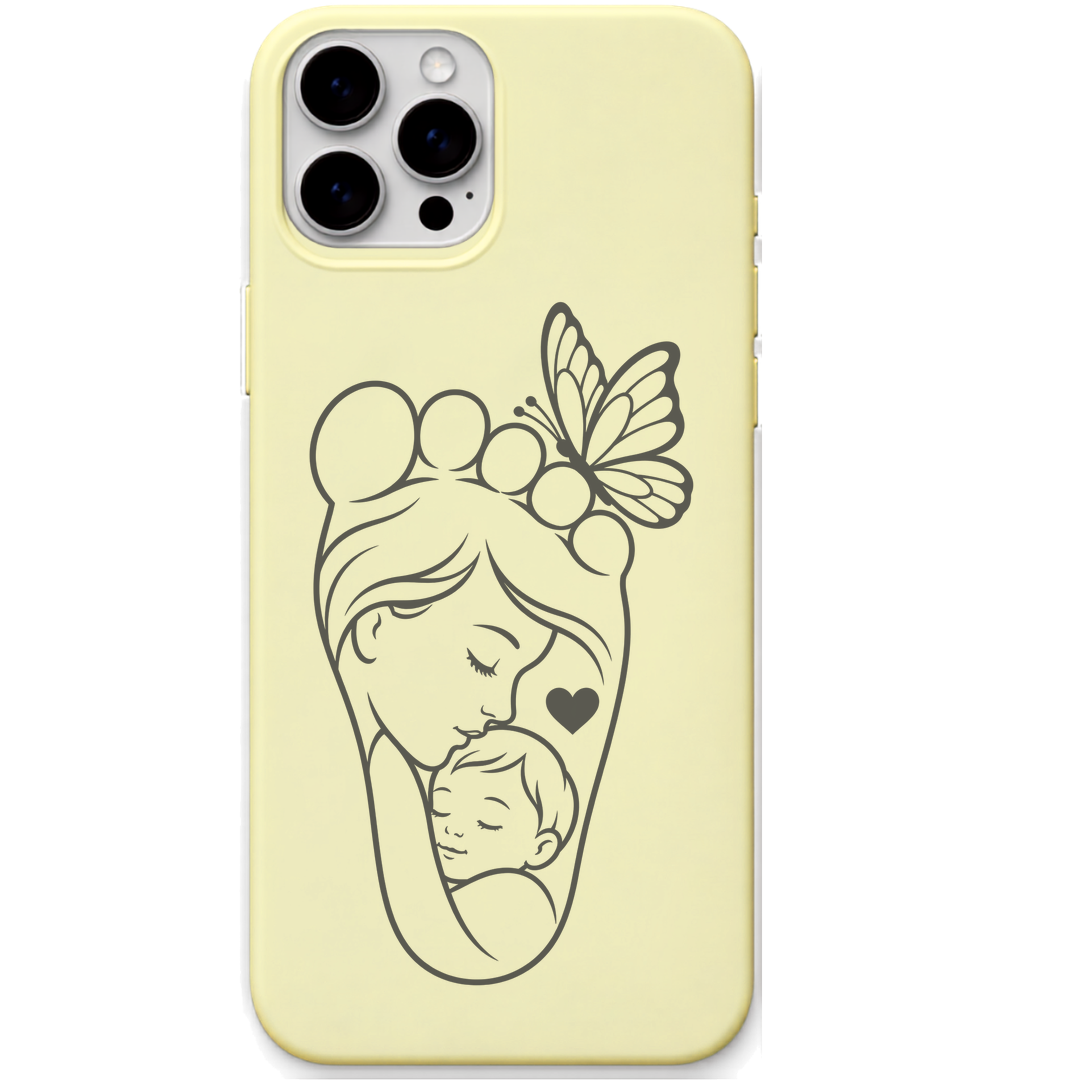 First Footsteps Endless Love mother baby butterfly line art engraved pastel silicone phone cover in Lemon Yellow