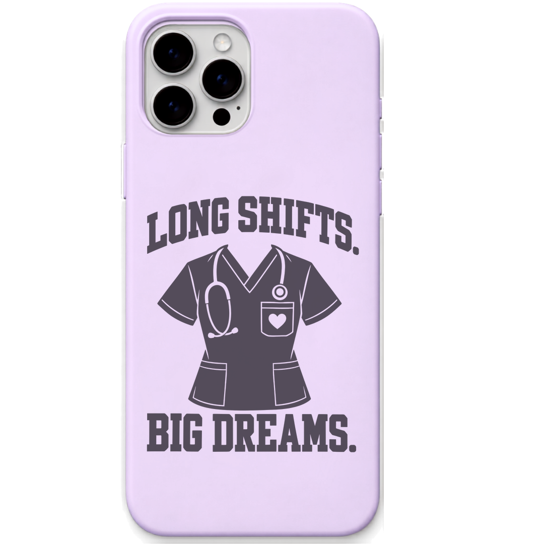 Long Shifts Big Dreams engraved silicone phone cover in Lavender