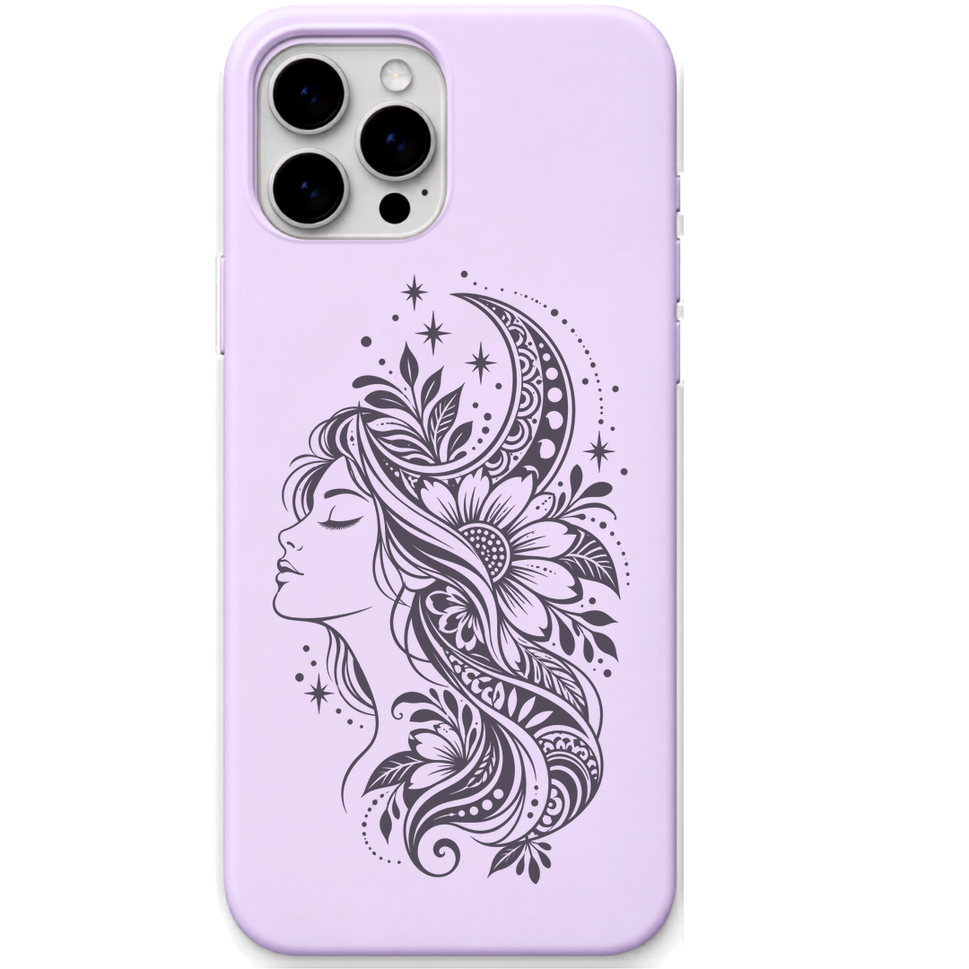 Moonlit Muse celestial woman silhouette engraved pastel silicone phone cover in Lavender