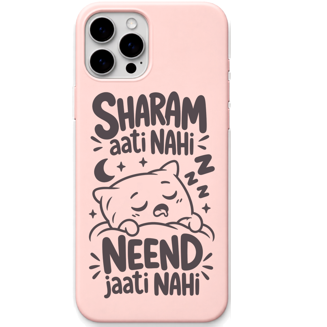Sharam Aati Nahi Neend Jaati Nahi sleepy cat meme engraved silicone phone cover in Blush Pink