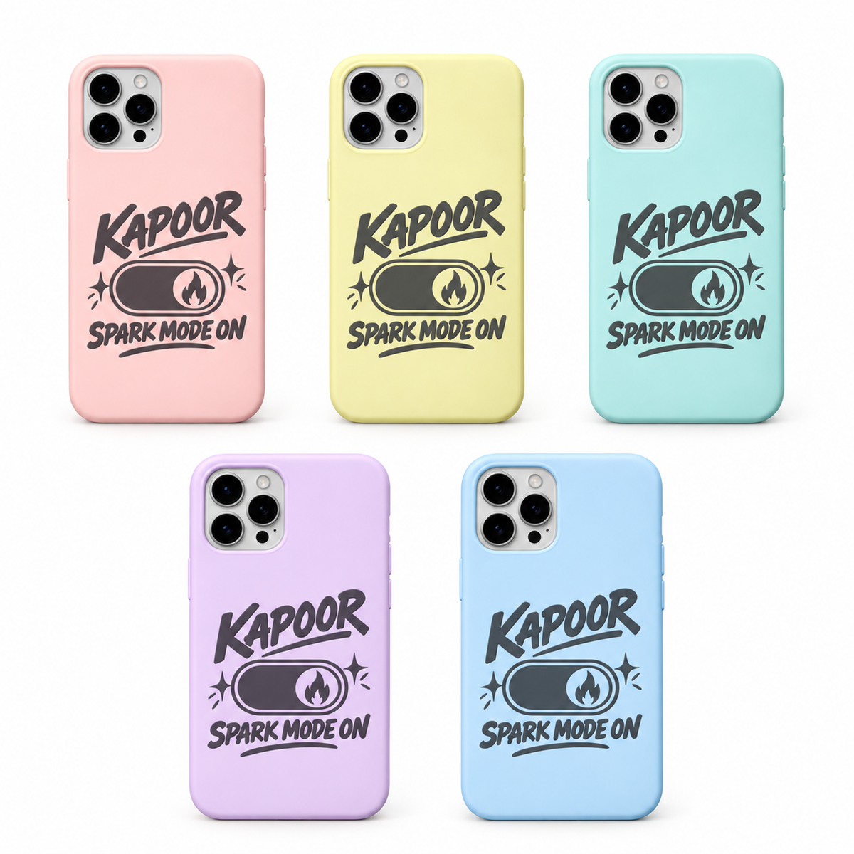 Kapoor Spark Mode On iPhone Cover – engraved surname silicone case shown in five pastel colours