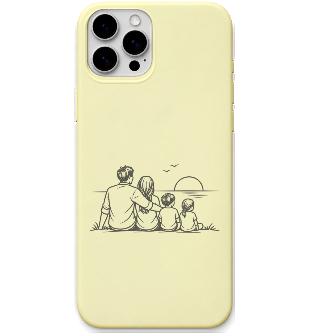 Our Quiet Evening family sunset line art engraved pastel silicone phone cover in Lemon Yellow