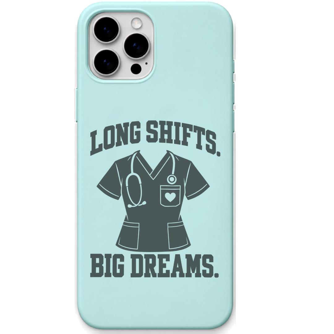 Long Shifts Big Dreams engraved silicone phone cover in Mint Green