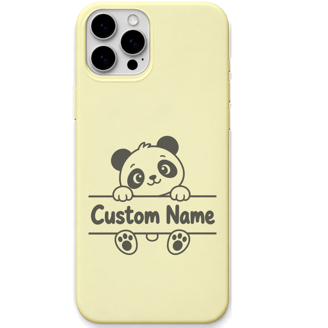 Panda Hug baby panda custom name engraved pastel silicone phone cover in Lemon Yellow
