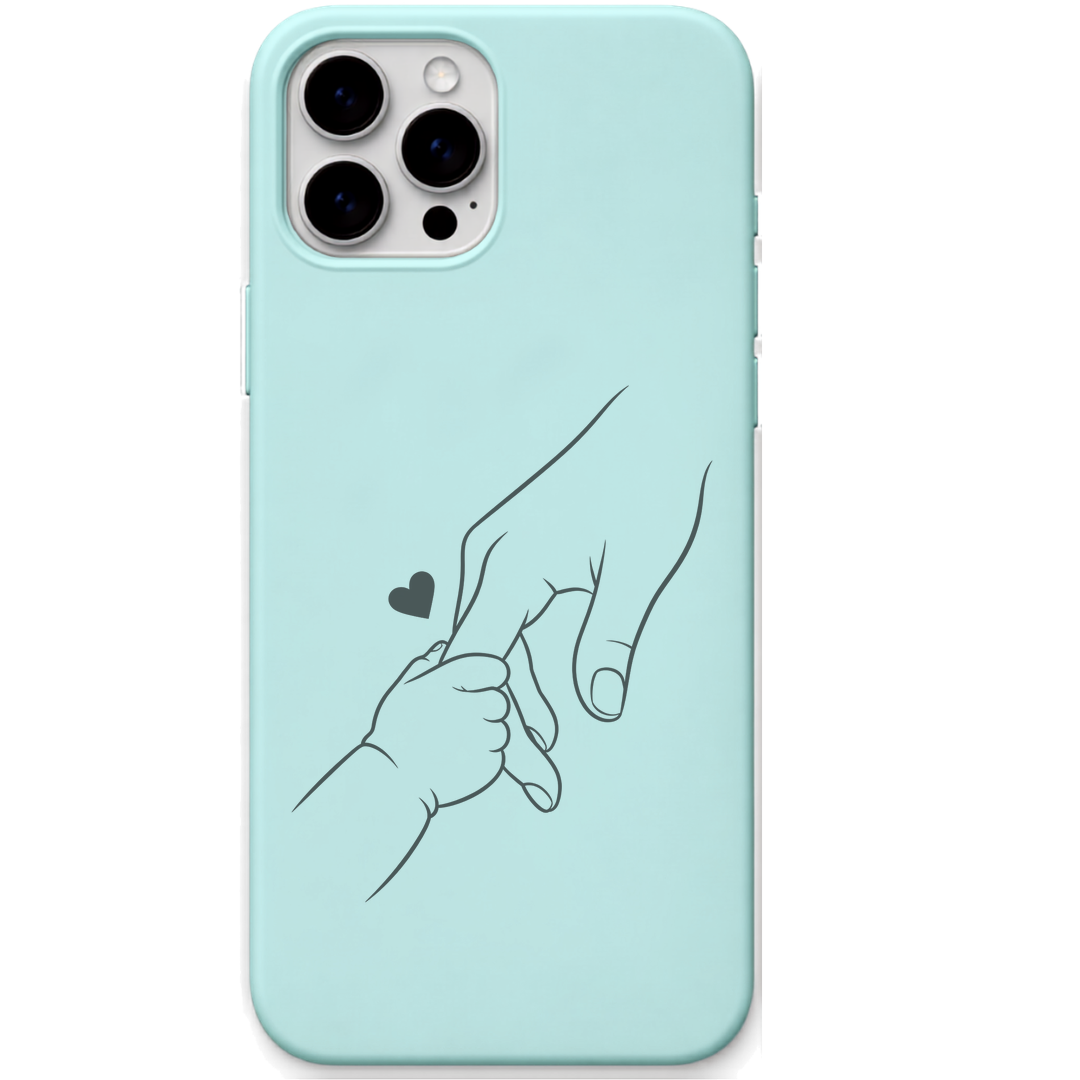 Tiny Hand Forever Bond parent child hands line art engraved pastel silicone phone cover in Mint Green