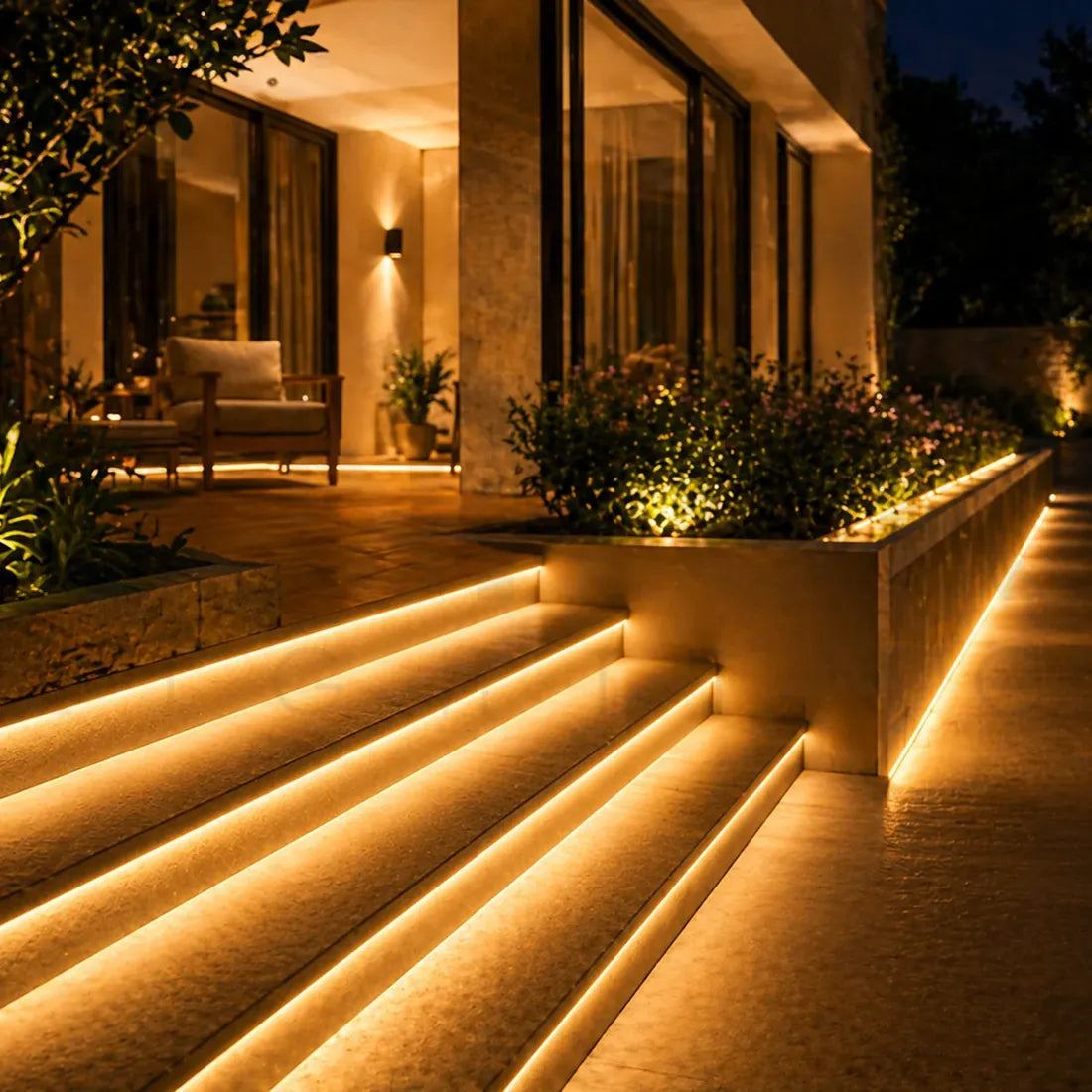 Warm linear decorative lighting outlining entrance steps and garden edges
