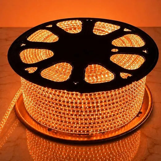 Warm amber LED rope light showing the enclosed strip and glowing LED points